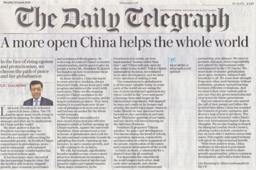The Daily Telegraph Published a Signed Article by Ambassador Liu Xiaoming Entitled A More Open China Helps the Whole World