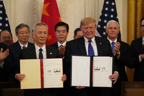 刘鹤与特朗普总统在华盛顿白宫东厅共同签署协议文本